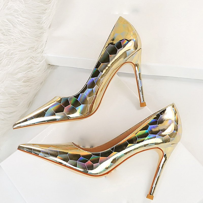 Dam Pumpskor Geometrisk Design Lackläder Hög Klack-6