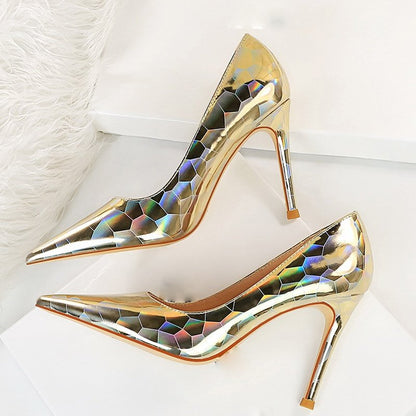 Dam Pumpskor Geometrisk Design Lackläder Hög Klack-6