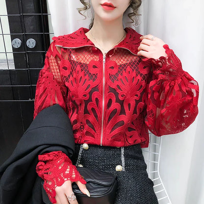 Dam Blus Kortärmad Spets Polyester-4