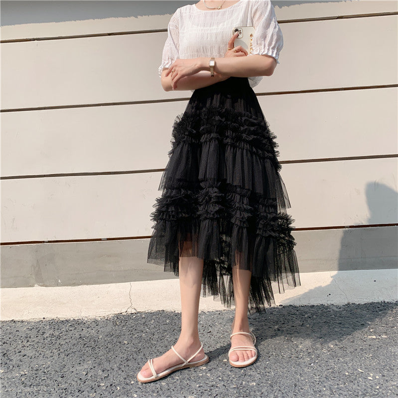 Kvinnors Midi Kjol med Rüsch Detaljer i Tyll-6