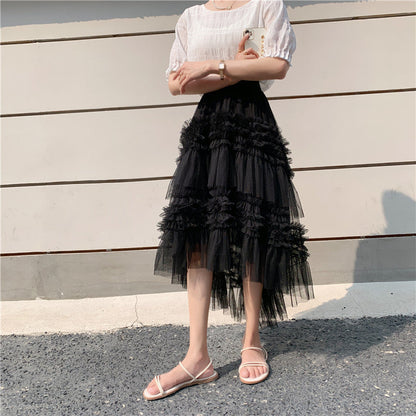 Kvinnors Midi Kjol med Rüsch Detaljer i Tyll-6