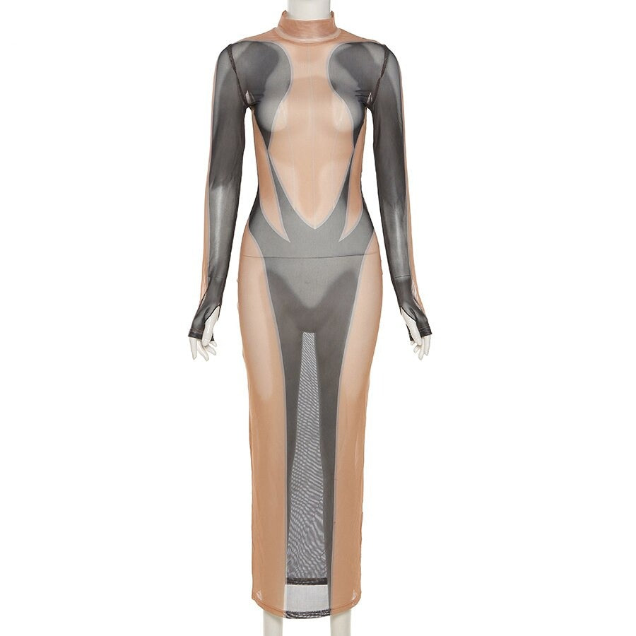 Maxiklänning Dam Transparent Mesh Lång Spandex och Mesh 4