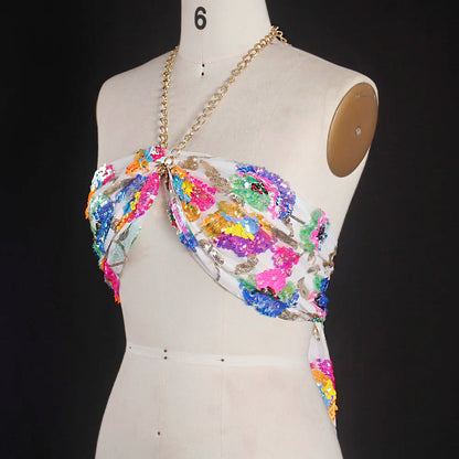 Dam Crop Top Blommönster med Paljetter Polyester-1