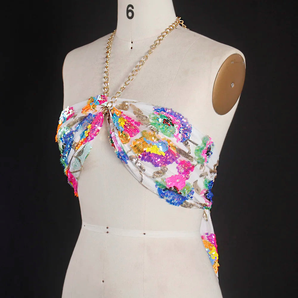 Variant image for Dam Crop Top Blommönster med Paljetter Polyester-1