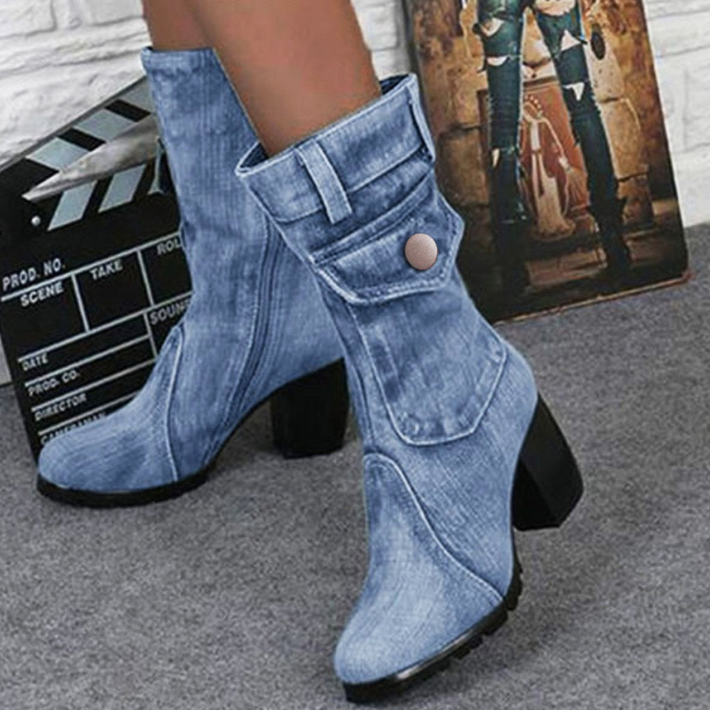 Kvinnors Fotledsskor Spetsig Tå Denim Hög Klack-2