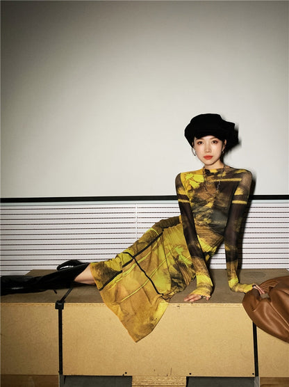 Dam Rockuppsättning T-shirt och Knälång Kjol Polyester Geometrisk Design-5