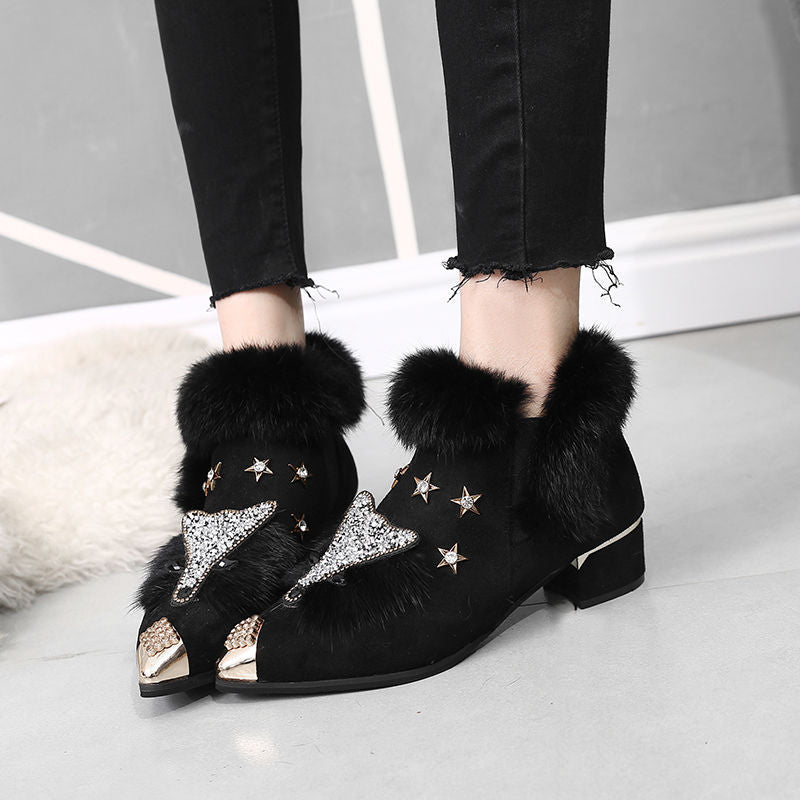 Dam Ankelstövlar med Päls och Strass Flock Gummi-3