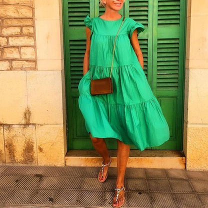 Midiklänning Dam med Utställd Kjol och Korta Ärmar i Polyester – Elegant och Tidlös Stil för Alla Tillfällen 9