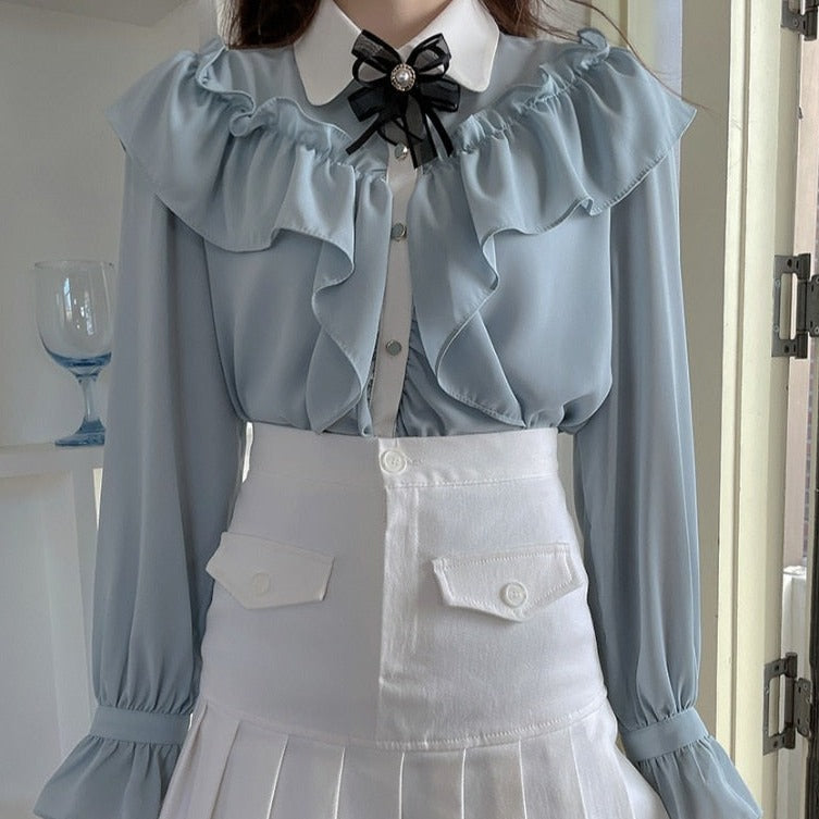 Vit Dam Blus Chiffon med Ruffle Detaljer 6