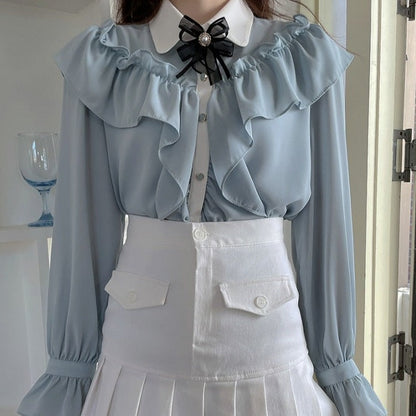 Vit Dam Blus Chiffon med Ruffle Detaljer 6