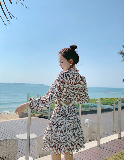 Kvinna Miniklänning Vintage Bomull med Långa Ärmar-6