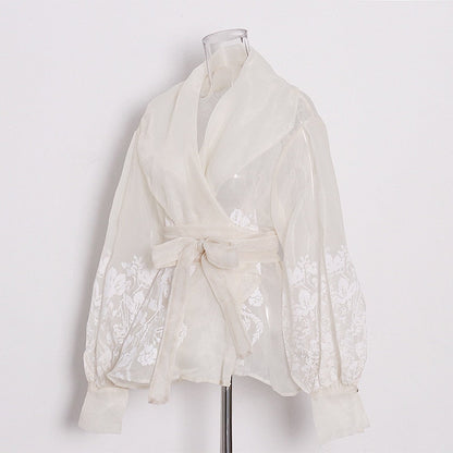 Vit Blus Dam med Blommönster och Lykta Ärmar i Polyester-2