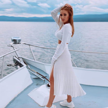 Dam Midi Kjol Hög Slits Långärmad Topp Bomull Spandex-2