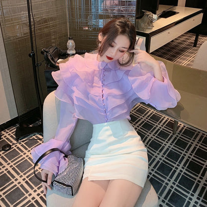 Kvinnors Blus Utsvängda Ärmar Rynkor Polyester-2