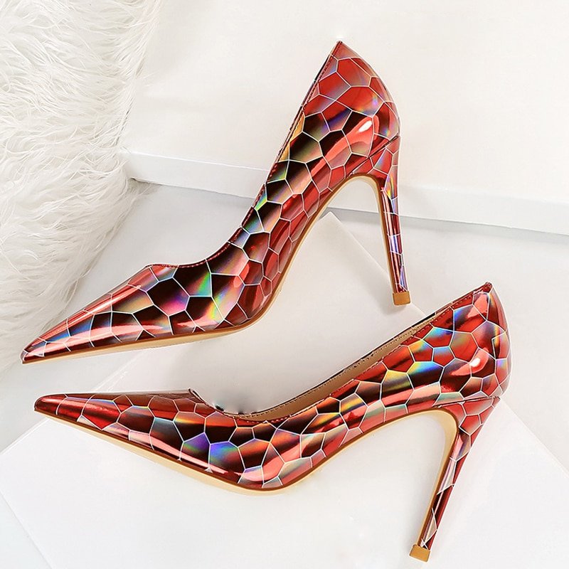 Dam Pumpskor Geometrisk Design Lackläder Hög Klack-1