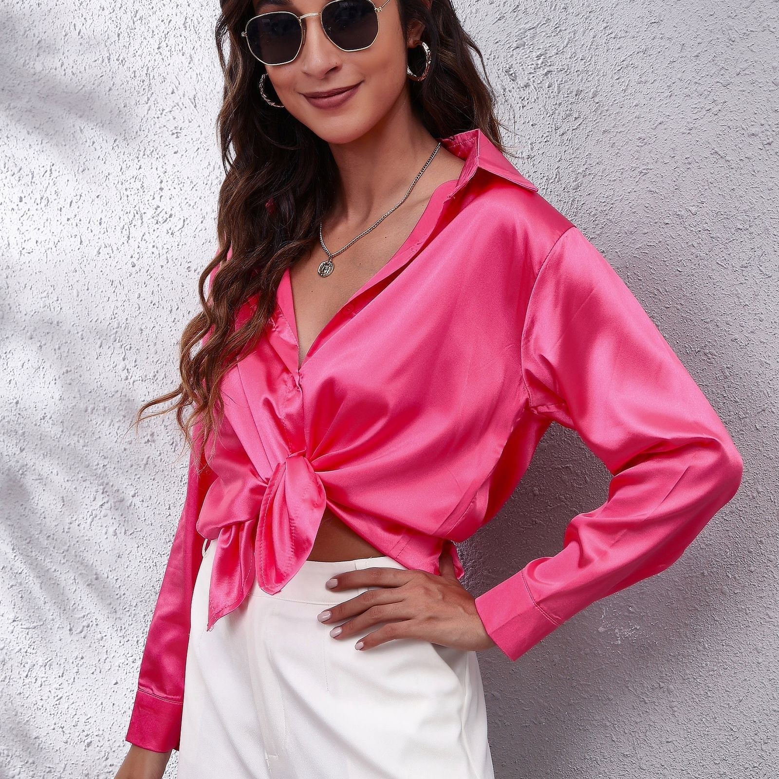 Dam Blus Luftig Satin Sommarstil-4