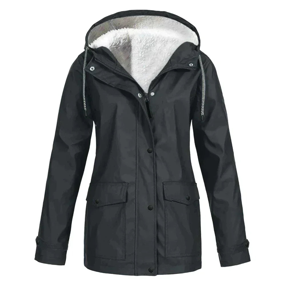 Damenjacke Wasserdicht Elegantes Design mit Verstellbarer Kapuze und Praktischen Taschen-1