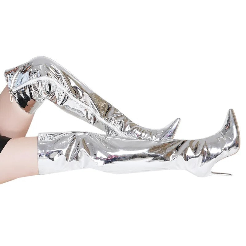 Dam Stövlar Höga Med Smal Klack PU Material Elegant Design-3