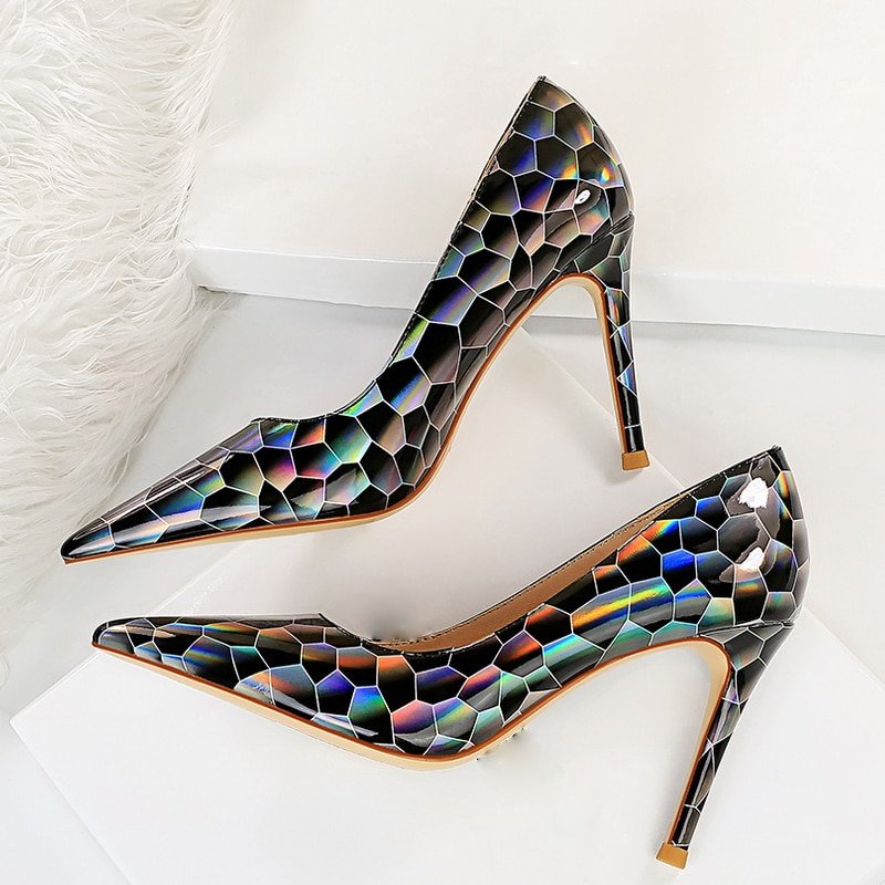 Dam Pumpskor Geometrisk Design Lackläder Hög Klack-3