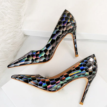 Dam Pumpskor Geometrisk Design Lackläder Hög Klack-3