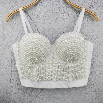 Dam Skördetopp Pärldekoration Polyester Spaghettirem-6