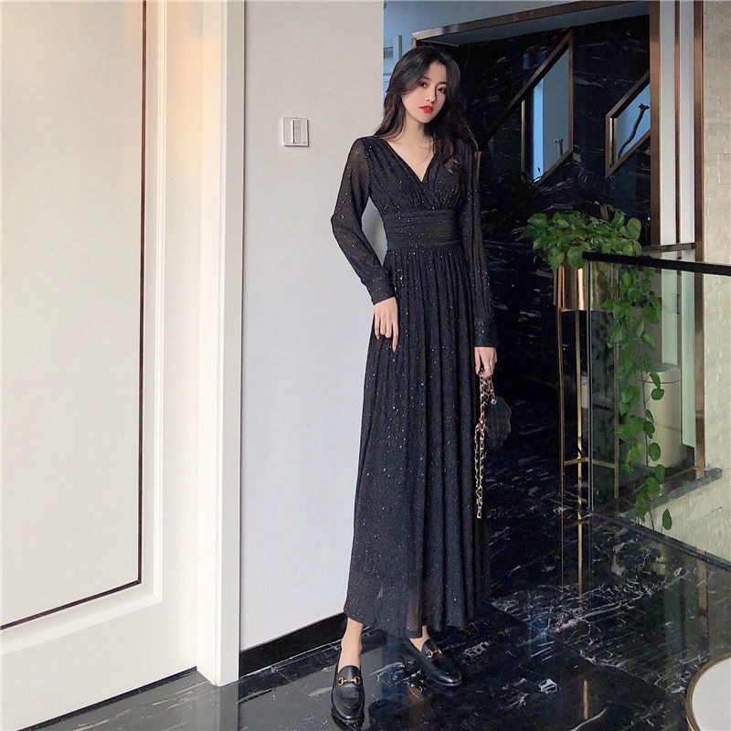 Damklänning A-Linje V-ringning Lanternärmar Polyester Midi-4