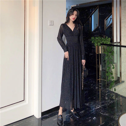 Damklänning A-Linje V-ringning Lanternärmar Polyester Midi-4