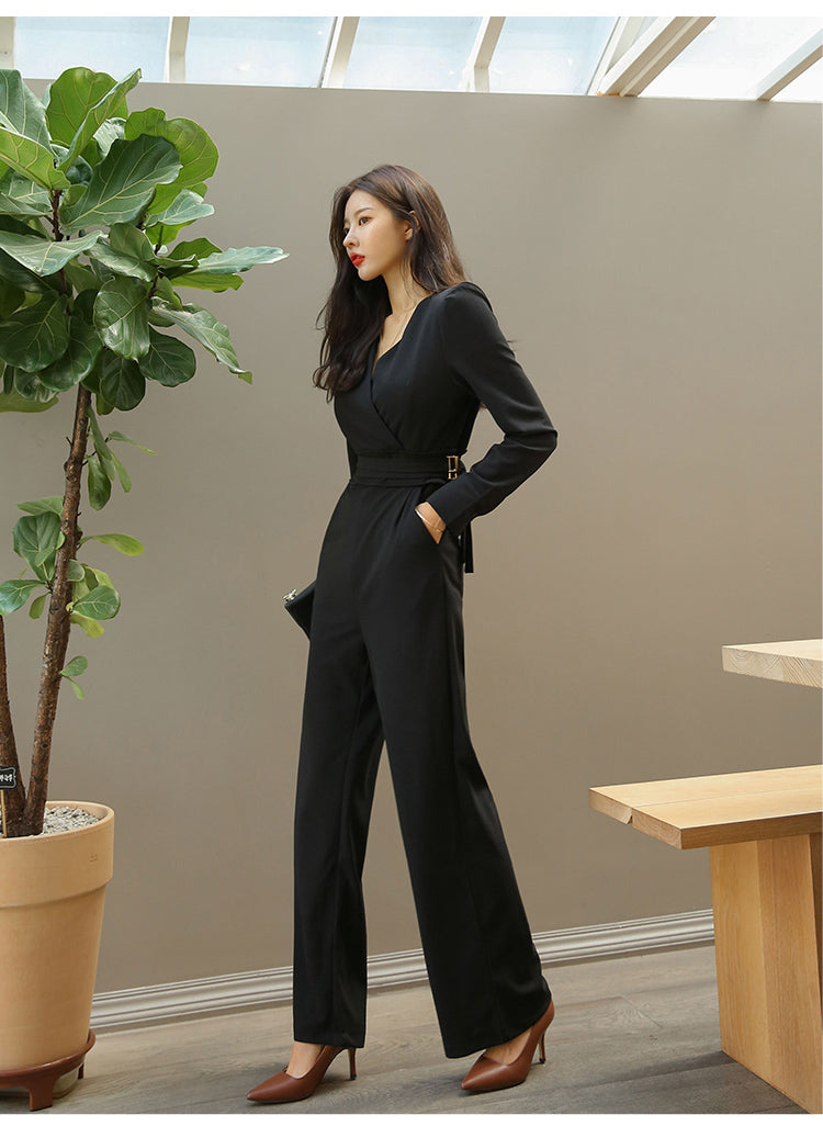 Dam Jumpsuit Långärmad Polyester Dubbel Bröstdesign-2