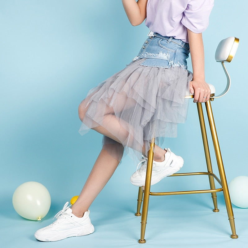 Dam Minikjol Asymmetrisk Denim Polyester-3