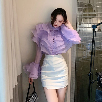 Kvinnors Blus Utsvängda Ärmar Rynkor Polyester-4