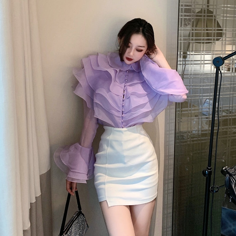 Dam Skjorta Patchwork med Rüsch Detaljer Polyester 3