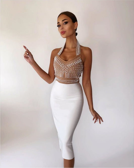 Dam Bodycon Klänning med Pärldekorationer i Lätt Material-1
