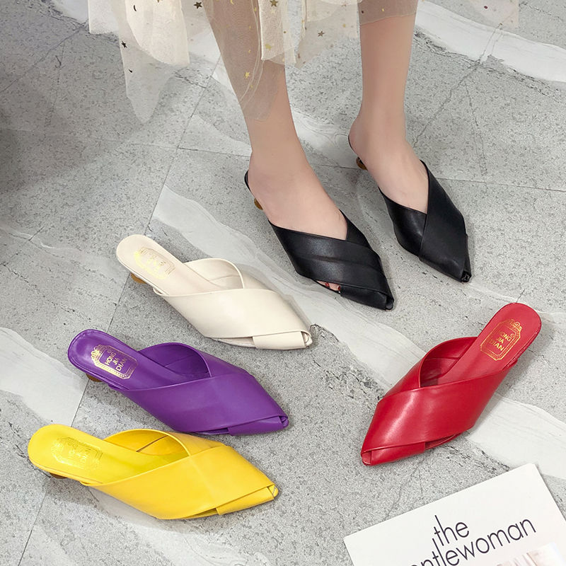 Dam Mules Rundtå Medelhög Klack PU Komfort-3