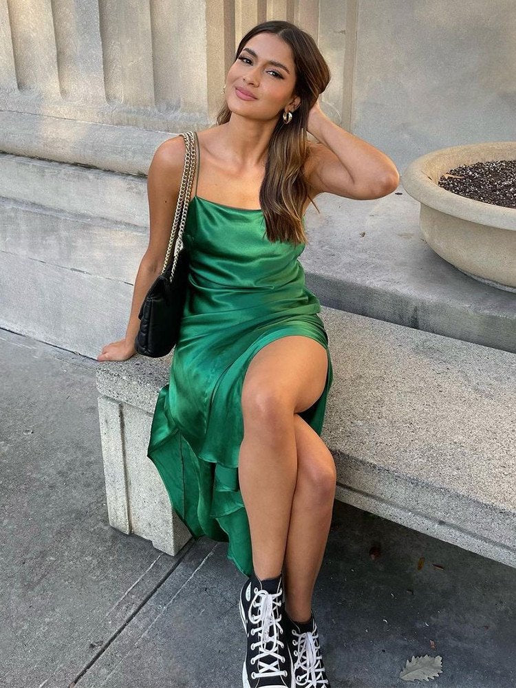 Kvinnors Midi Klänning Draperad Satin-2