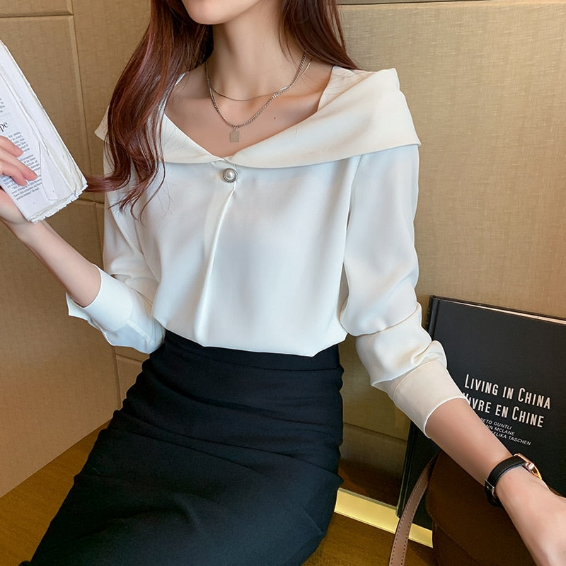 Vit Dam Blus Lång Ärme Chiffon Normal Passform-4