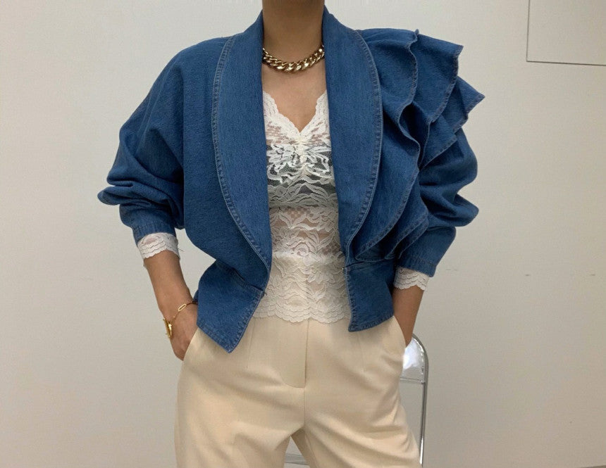 Dam Blazer Trendig Puffärmad Bomull med Ruffles-2