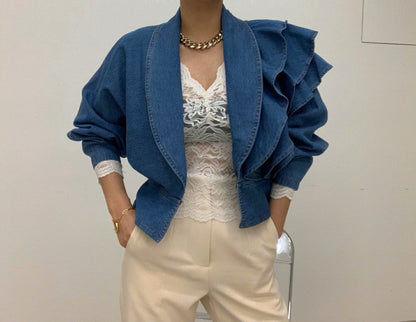 Dam Blazer Trendig Puffärmad Bomull med Ruffles-2