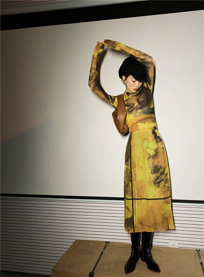 Dam Rockuppsättning T-shirt och Knälång Kjol Polyester Geometrisk Design-4