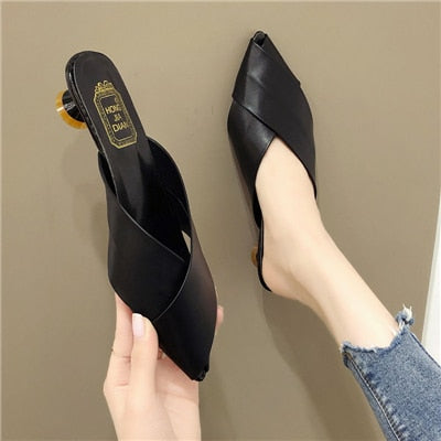 Dam Mules Rundtå Medelhög Klack PU Komfort-4