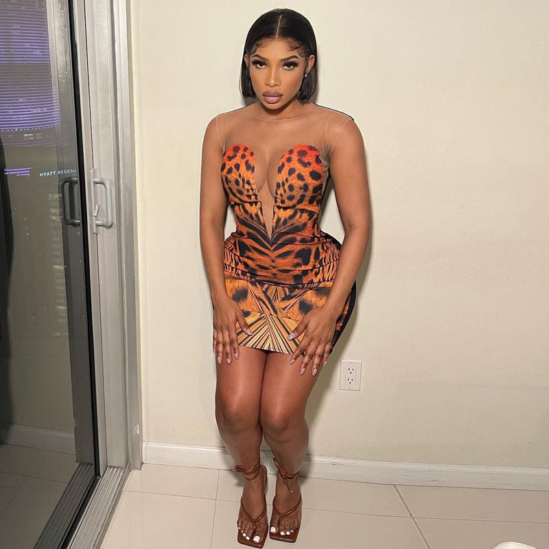 Kvinnors Mini Klänning Leopardmönster Polyester Spandex-3