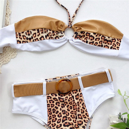 Damernas Bikini Set Leopardmönstrad Bandeau Halter Polyester Lycra-6
