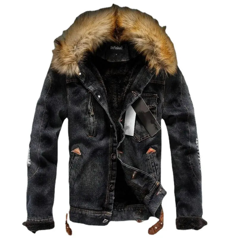 Variant image for Damer Denimjacka Med Syntetisk Pälskrage Tjock Varma Fickor-1