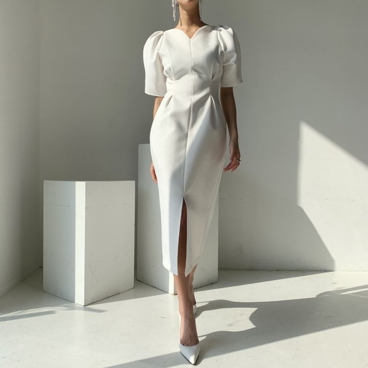 Kvinna MIDI Klänning V-ringning Polyester Korta Puffärmar 2