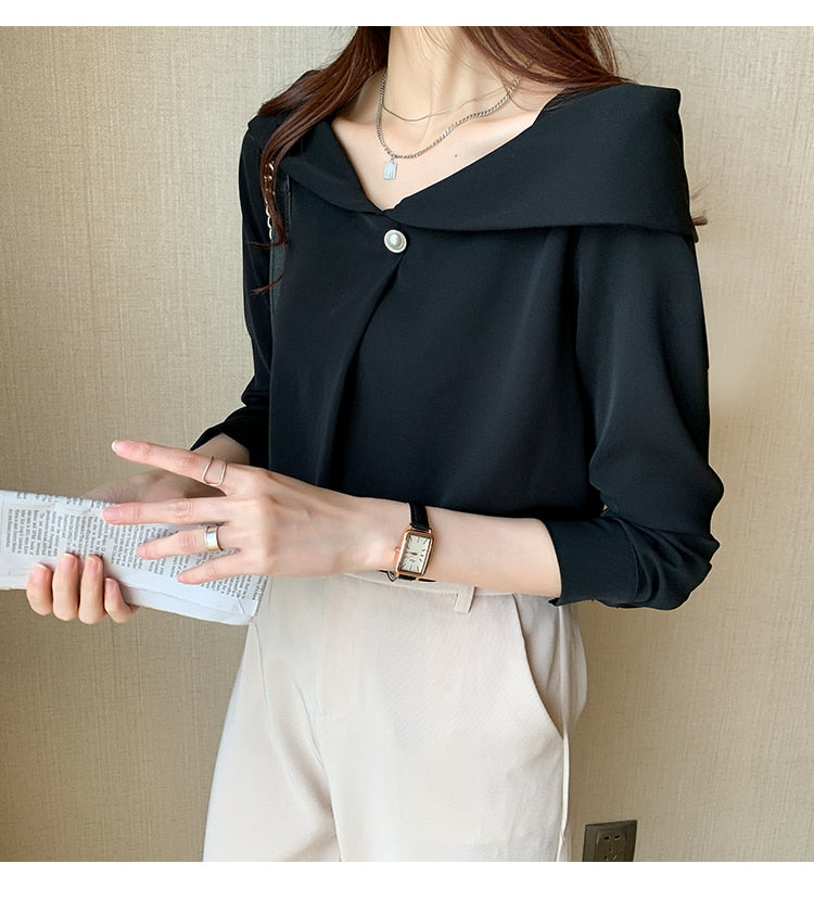 Vit Dam Blus Lång Ärme Chiffon Normal Passform-3