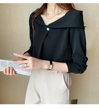 Vit Dam Blus Lång Ärme Chiffon Normal Passform-3