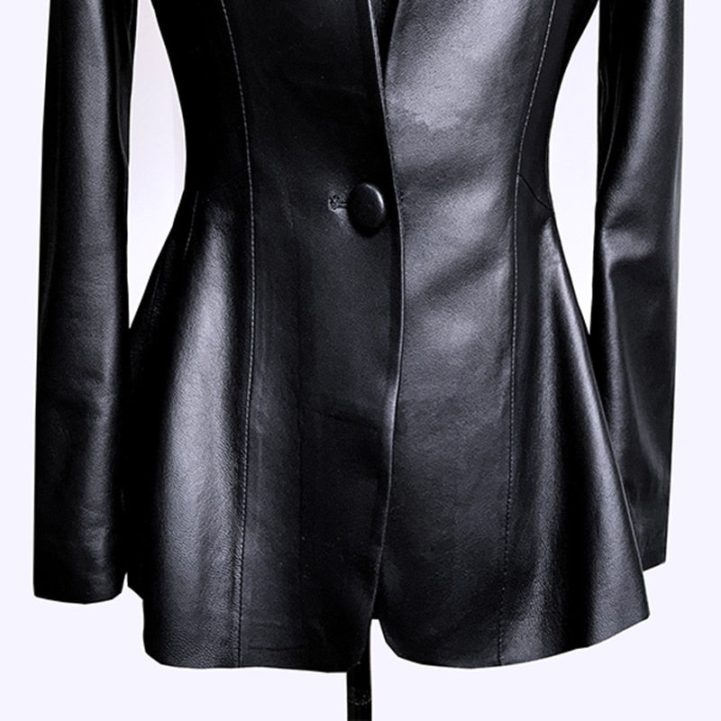 Dam Blazer En-Knappstängning Konstläder Elegant-4