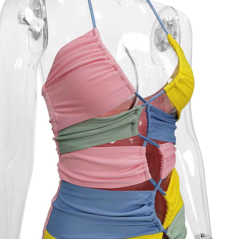 Kvinnors Mini Klänning Spaghetti Rem Patchwork Polyester 5