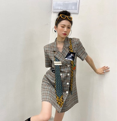 Variant image for Kvinnors Miniklänning Rutigt Bomull A-linjeformad Kortärmad-2