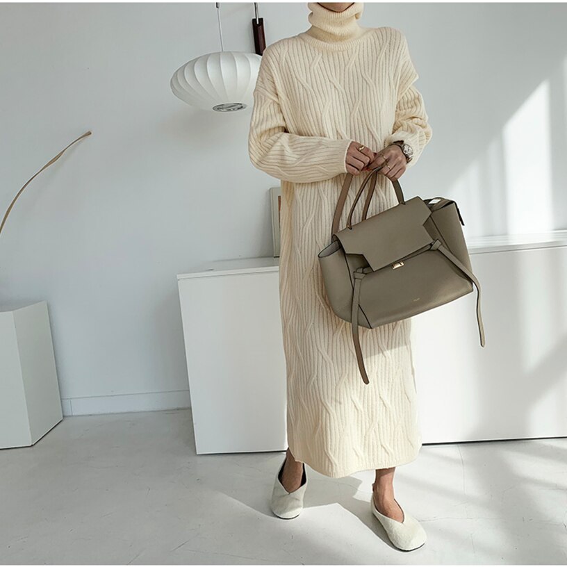 Dam Midiklänning Stickad Elegant 100% Akryl-3