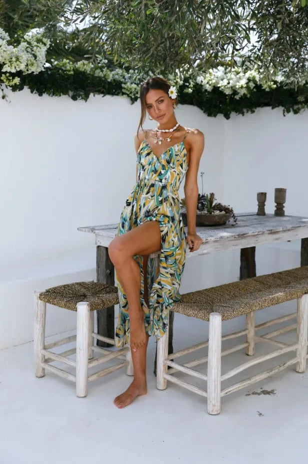 Dam Midiklänning Öppen Rygg Tryckt Tyg 2